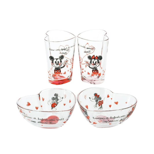 [預訂]DISNEY - 米老鼠和米妮心形玻璃杯碗 一套4件 S5786【下單後約3-4星期內寄出】